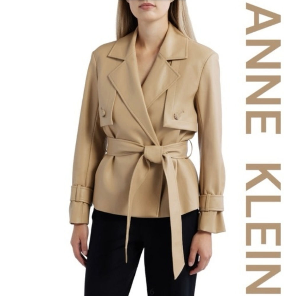 NWT Ann Klein $199 Vegan Leather Belted Trench Jacket Coat Tan color Size 0